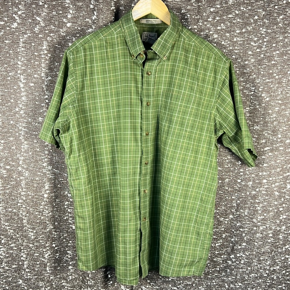 Men’s LL‎ Bean Green Checked Shortsleeve Dress Shirt Size Large